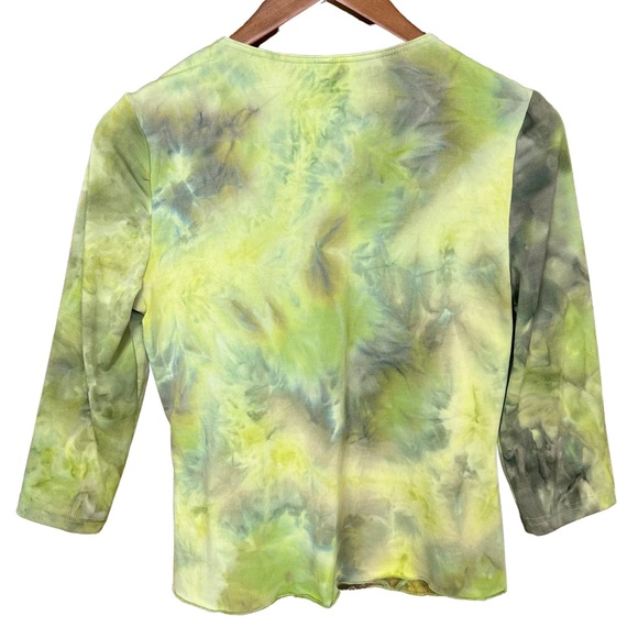 Vintage Tribal Green Tie Dye Flower & Squiggles Appliqué Y2K V Neck Top Size M - Picture 6 of 7